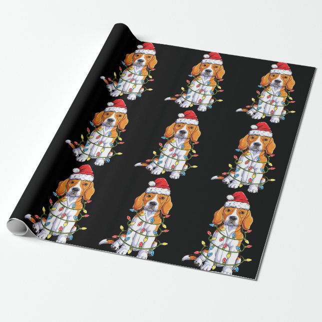 Papier Cadeau Beagle Père Noël Noël Arbre Lumières Noël Cadeaux  (Déroulé)