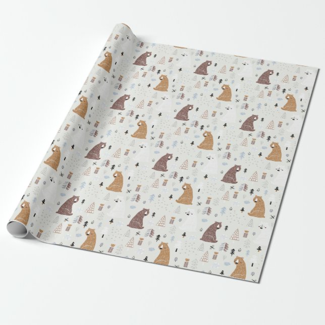 Papier Cadeau Bears mignonne dans le Motif Woods (Déroulé)