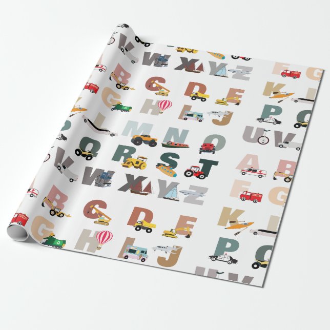 Papier Cadeau Beau Alphabet ABC Camions, Véhicules de transport (Déroulé)