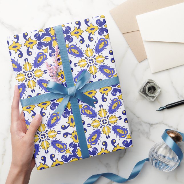 Papier Cadeau 💙 💛 Beau Azulejos bleu et jaune (Cadeaux)