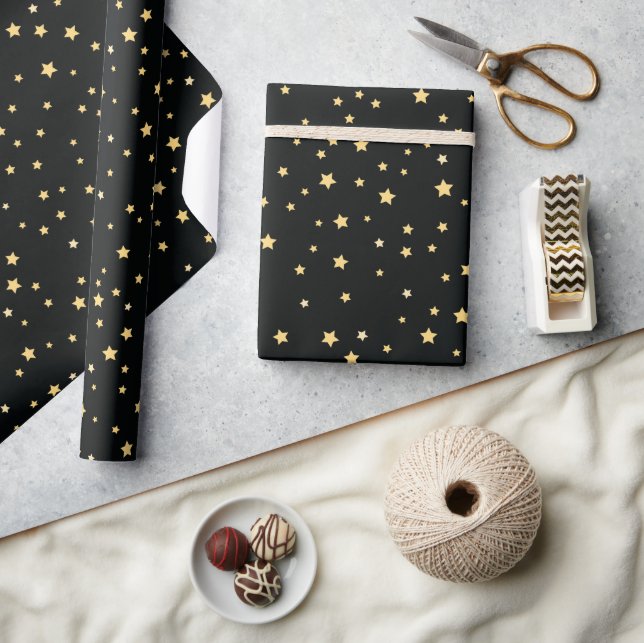 Papier Cadeau Beau Black and Gold Starry Sky Star Motif (Artisanat)