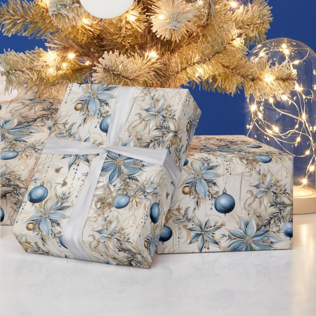 Papier Cadeau Beau Bleu Noël Baubles Fleurs de Noël (Vacances)