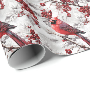 Papier Cadeau Beau Cardinal Rouge sur la branche neige hiver