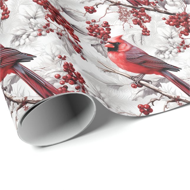 Papier Cadeau Beau Cardinal Rouge sur la branche neige hiver (Coin rond)