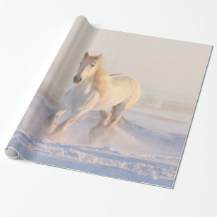 Papier Cadeau Beau Cheval Blanc Galloping dans la neige
