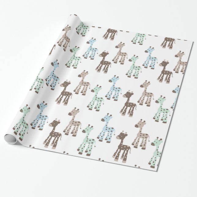 Papier Cadeau Beau motif bleu de bébé de girafe (Déroulé)