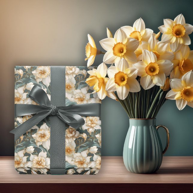 Papier Cadeau Beau motif floral de jonquilles baroques de printe (Beautiful Spring Baroque Daffodils Floral Seamless Pattern Wrapping Paper)