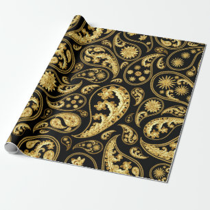 Papier Cadeau Beau Motif noir et or Paisley