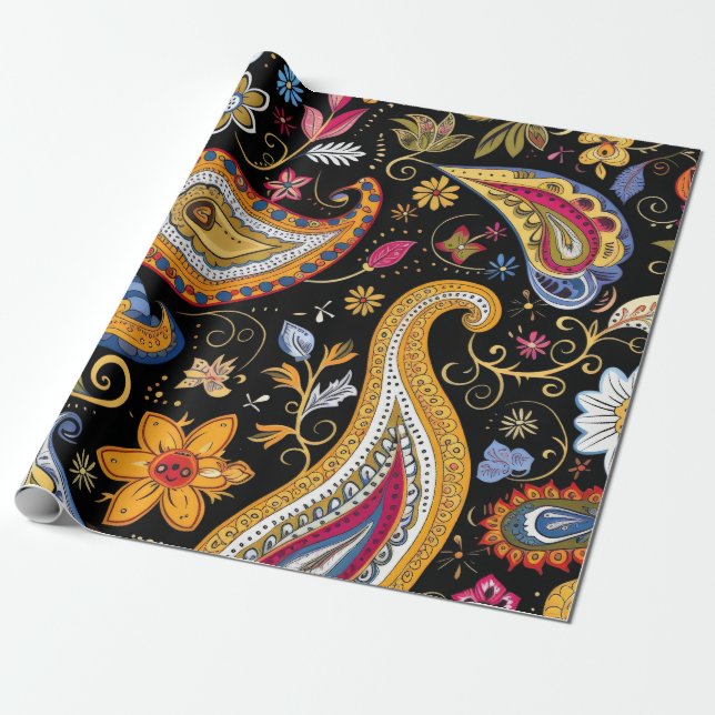 Papier Cadeau Beau Motif Paisley noir coloré (Déroulé)