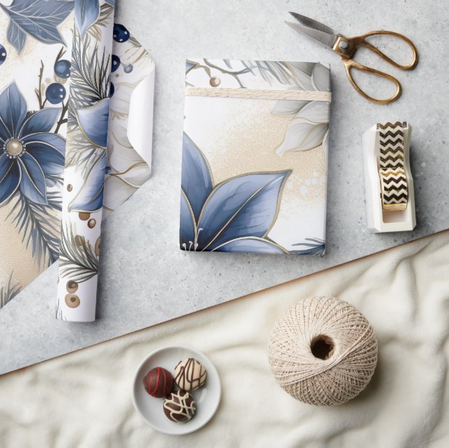 Papier Cadeau Beau Noël Bleu, Baies, Floral (Artisanat)