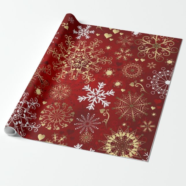 Papier Cadeau Beau Noël rouge, blanc et doré (Déroulé)