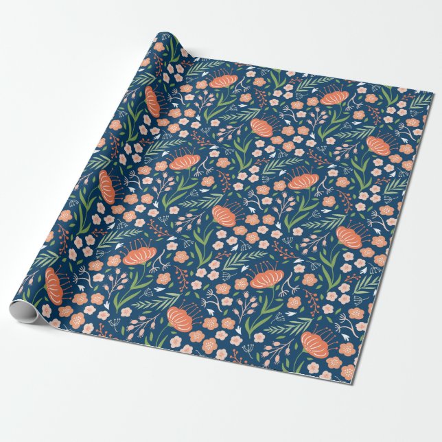 Papier Cadeau Beau papier d'enveloppement floral bleu et orange (Déroulé)