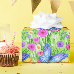 Papier Cadeau Beau Papillon Bleu avec fleurs Aquarelle