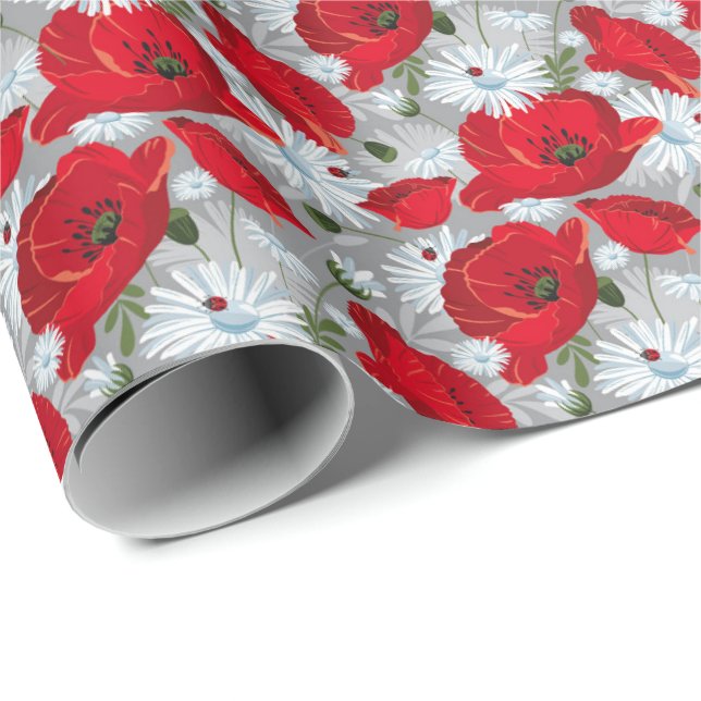 Papier Cadeau Beau pavot rouge, marguerites blanches et coccinel (Coin rond)