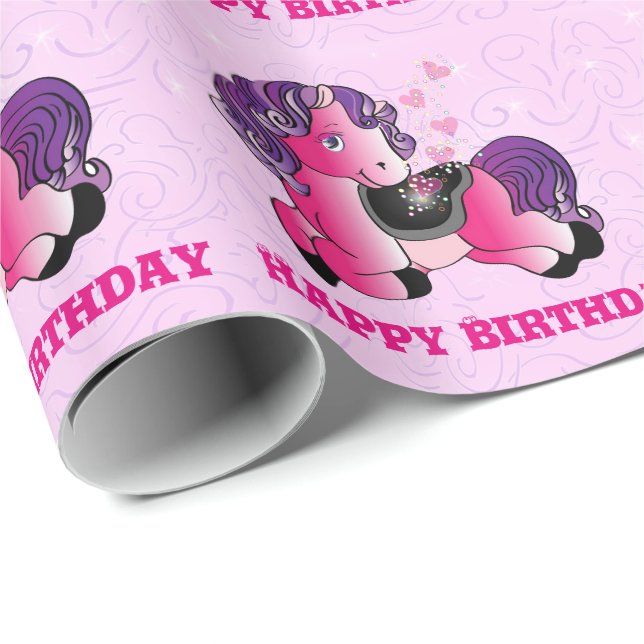 Papier Cadeau Beau petit cheval rose de poney (Coin rond)