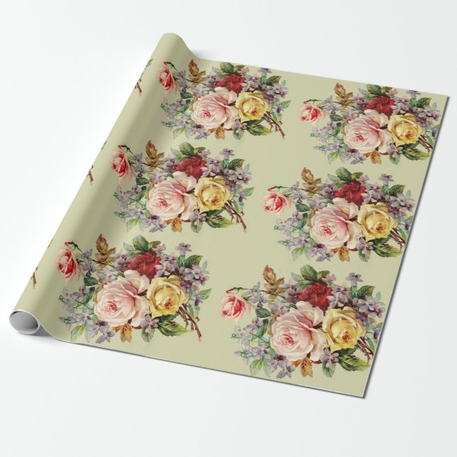 Papier Cadeau Beau Roses Vintages, Personnalisé (Déroulé)