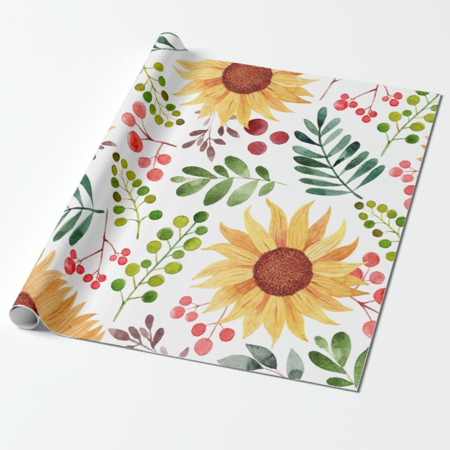 Papier Cadeau Beau tournesol et baies Aquarelle  (Déroulé)