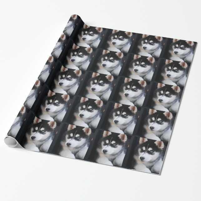 Papier Cadeau Beau un chien de traîneau sibérien 2 d'oeil bleu (Déroulé)