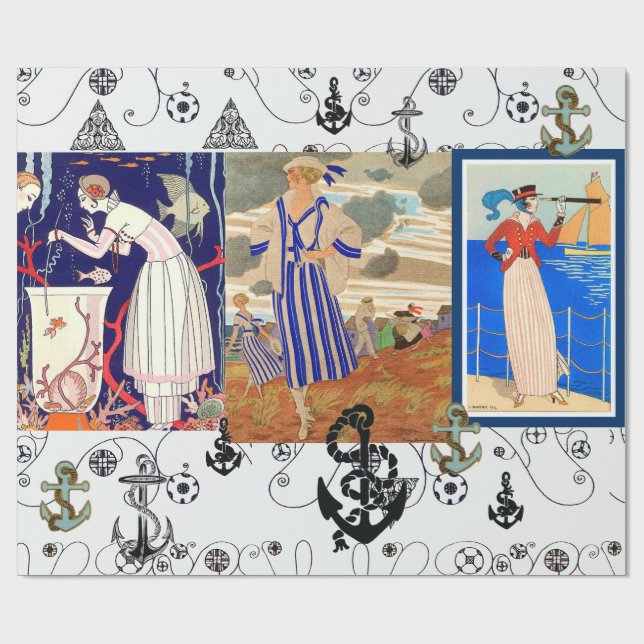 PAPIER CADEAU BEAUTÉ NAUTIQUE ART DÉCO MODE AVEC ANCRE (Plat)