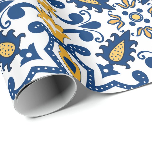 Papier Cadeau 💙 💛 Beaux Azulejos bleus et jaunes, (Coin rond)