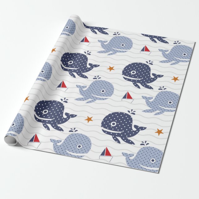 Papier Cadeau Beaux baleines et bateaux motif nautique (Déroulé)