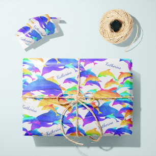 Papier Cadeau Beaux dauphins en arc-en-ciel avec prénom