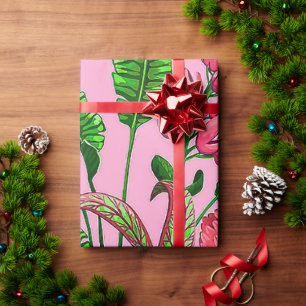 Papier Cadeau Beaux Feuilles verts tropicaux aux fleurs rouges  