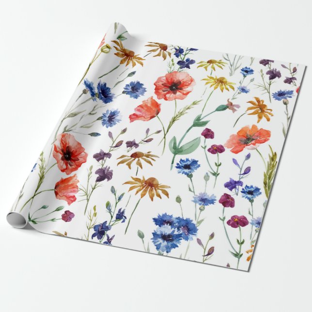 Papier Cadeau Beaux fleurs sauvages, aquarelle, pavot, fleur de  (Déroulé)