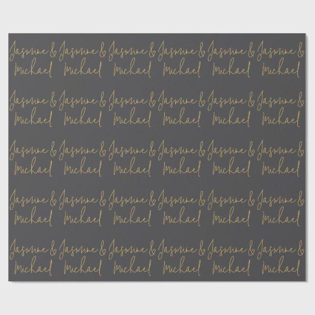 Papier Cadeau Beaux Noms De Couple Calligraphie Élégante Gris Et (Plat)