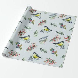 Papier Cadeau Beaux oiseaux, botaniques et baies rouges