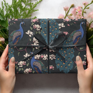 Papier Cadeau Beaux Peacocks noirs et Fleurs de Magnolia