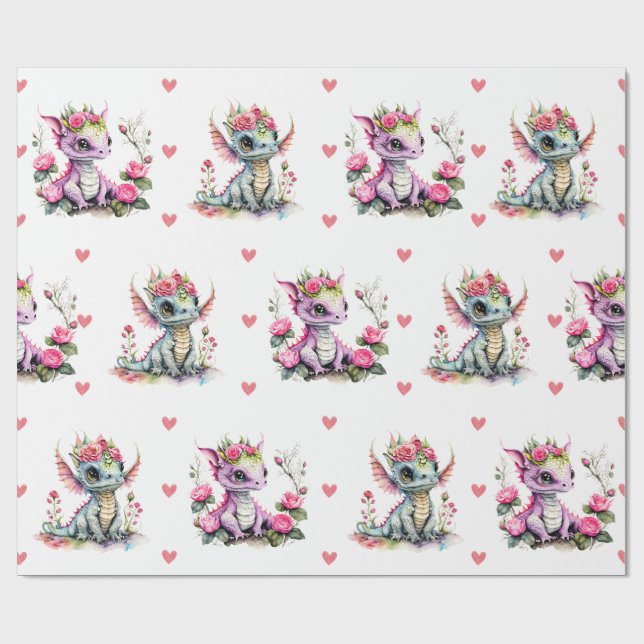Papier Cadeau Bébé adorable Dragons & Coeurs sur la Saint-Valent (Plat)
