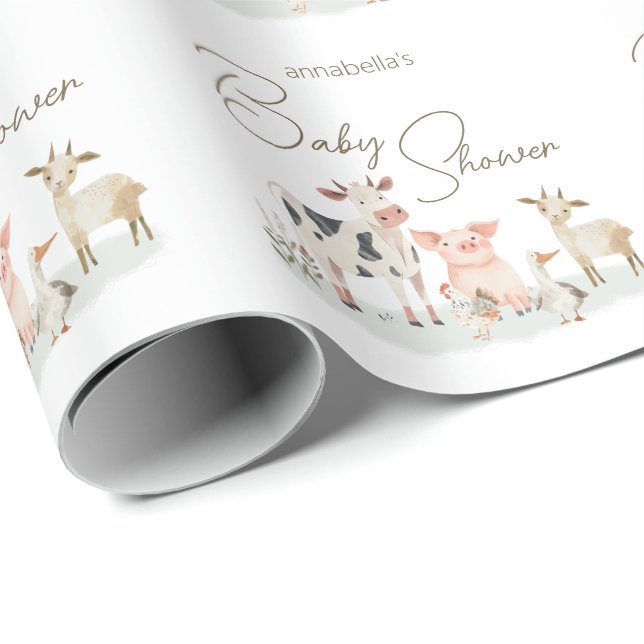 Papier Cadeau Bébé Animaux de ferme mignonne thème de campagne (Coin rond)