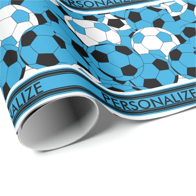 Papier Cadeau Bébé Bleu balle de soccer Collage (Coin rond)
