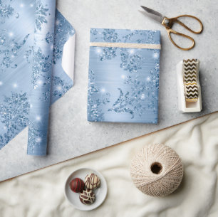 Papier Cadeau Bébé Bleu Élégant Paillettes et Motif Floral Feuil