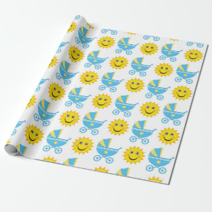 PAPIER CADEAU BÉBÉ BLEU & JAUNE ET SOLEIL JAUNE