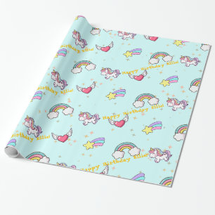 Papier Cadeau Bébé Bleu Licorne Arc-en-Ciel Étoilé Magique