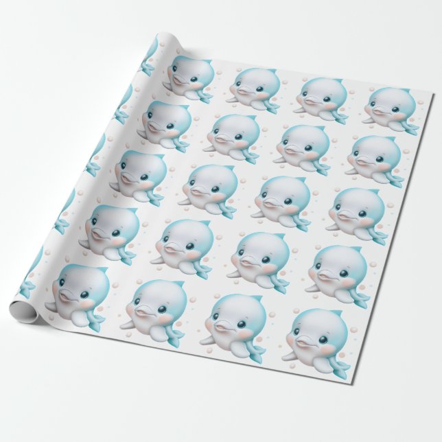 Papier Cadeau Bébé bleu mou Dauphin (Déroulé)