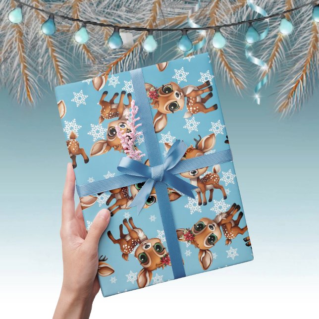 Papier Cadeau Bébé cerf, pie, Doe, renne 🦌 🎄 bleu, Flamme de n (Cute Baby Floral Deer, Fawn, Doe Lover Reindeer Antlers Snowflake Pattern Blue Wrapping Paper 🦌 🎄)