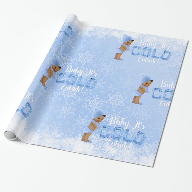 Papier Cadeau Bébé C'est Flocon de Neige Bleu Ethnique Garçon Do (Déroulé)