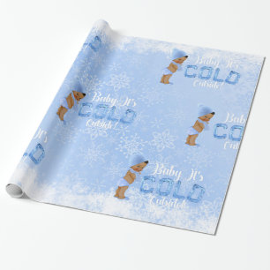Papier Cadeau Bébé c'est froid Flocon de neige Bleu Garçon Ethni