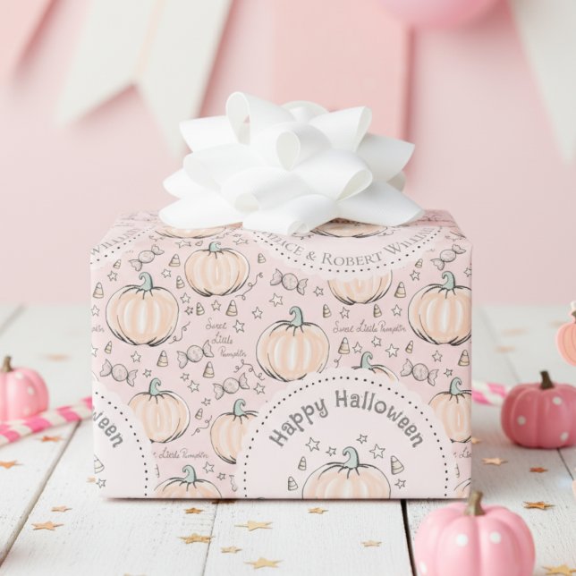 Papier Cadeau Bébé Citrouille rose pâle Halloween (Adorable Pink Kids Halloween Wrapping Paper. Cute Pumpkins, Candy & "Sweet Little Pumpkin Pattern)