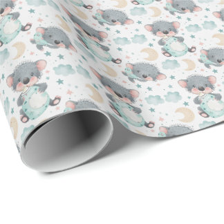 Papier Cadeau Bébé Diable de Tasmanie Pastel Aquarelle Motif 