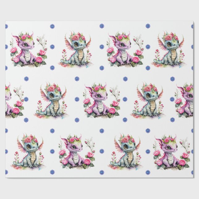 Papier Cadeau Bébé Dragons adorables et flocons de neige sur bla (Plat)