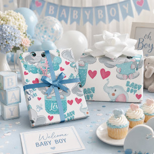 Papier Cadeau Bébé Éléphant Garçon Mignon Bleu Baptême Baby Show