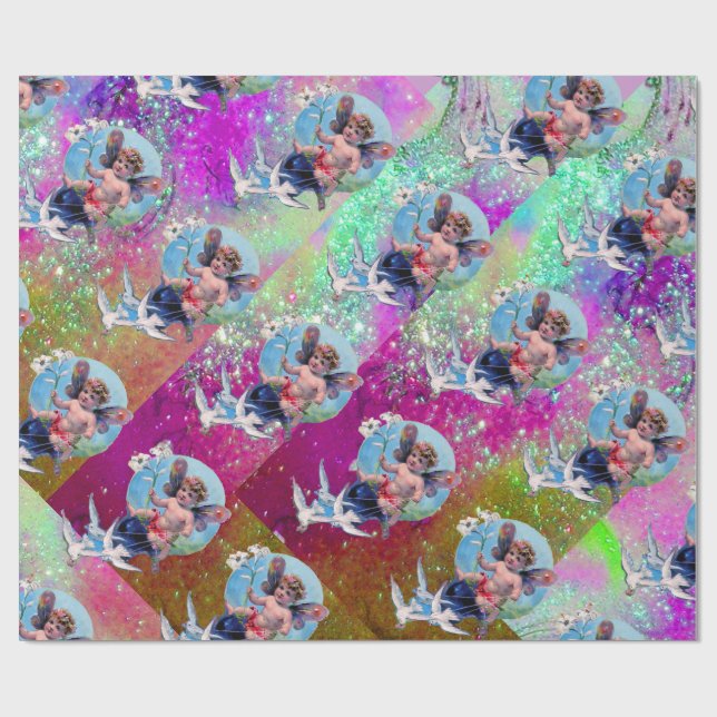 PAPIER CADEAU BÉBÉ FAIRY AVEC DES POIGNES EN PURPLE TURQUOISE BL (Plat)