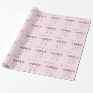 Papier Cadeau Bébé Fille au Berceau Rose