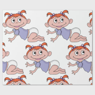 Papier Cadeau Bébé Fille de Dessin Animé Rampant Cheveux Rouges 