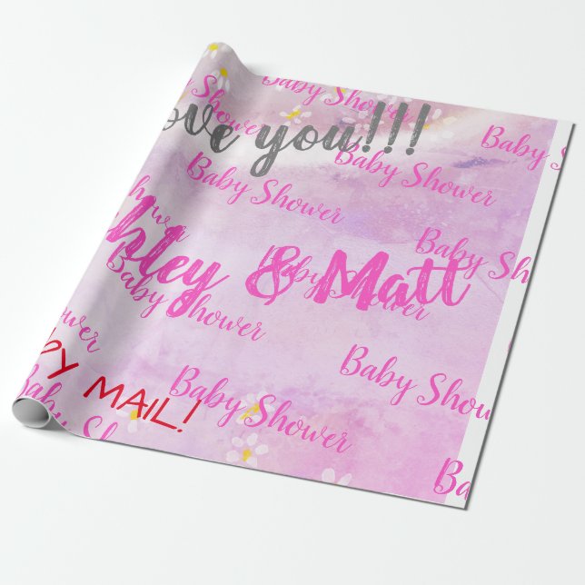 Papier Cadeau Bébé Fille Douce Faisies Baby shower d'aquarelle r (Déroulé)