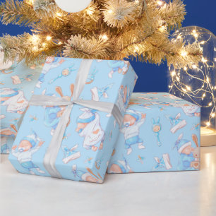 Papier Cadeau Bébé garçon accroupissant Bunny J'aime maman Coeur
